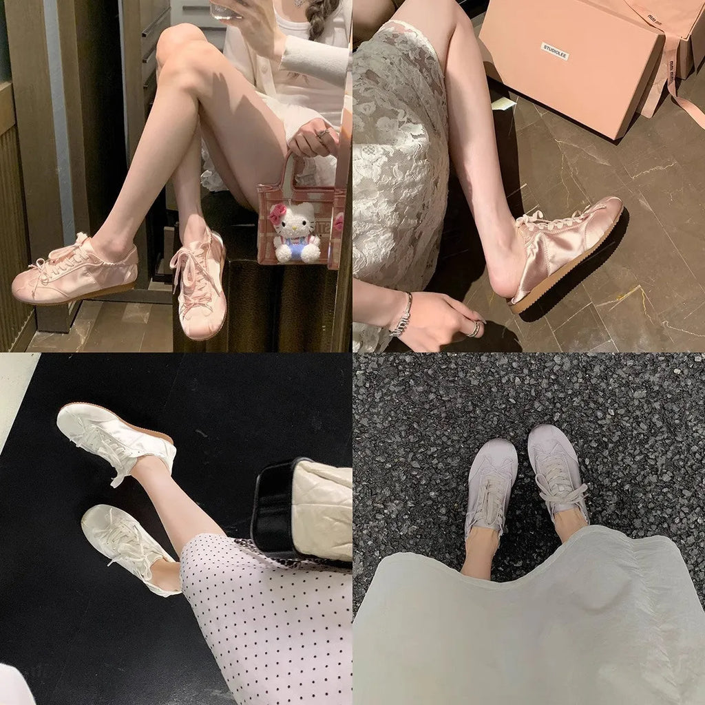 Women's ballet-style satin sports board shoes with round toe and front lace-up fastening in three colour options