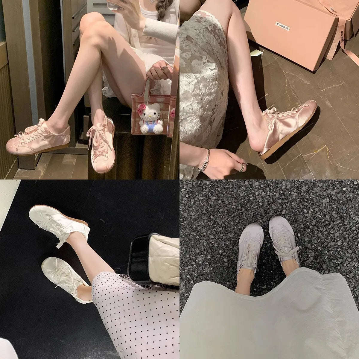 Women's ballet-style satin sports board shoes with round toe and front lace-up fastening in three colour options