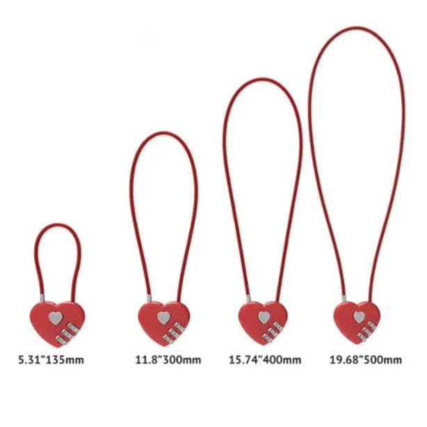 Peach heart shaped ABS plastic cable lock with steel rope, shown in multiple colour options for bicycle helmets.