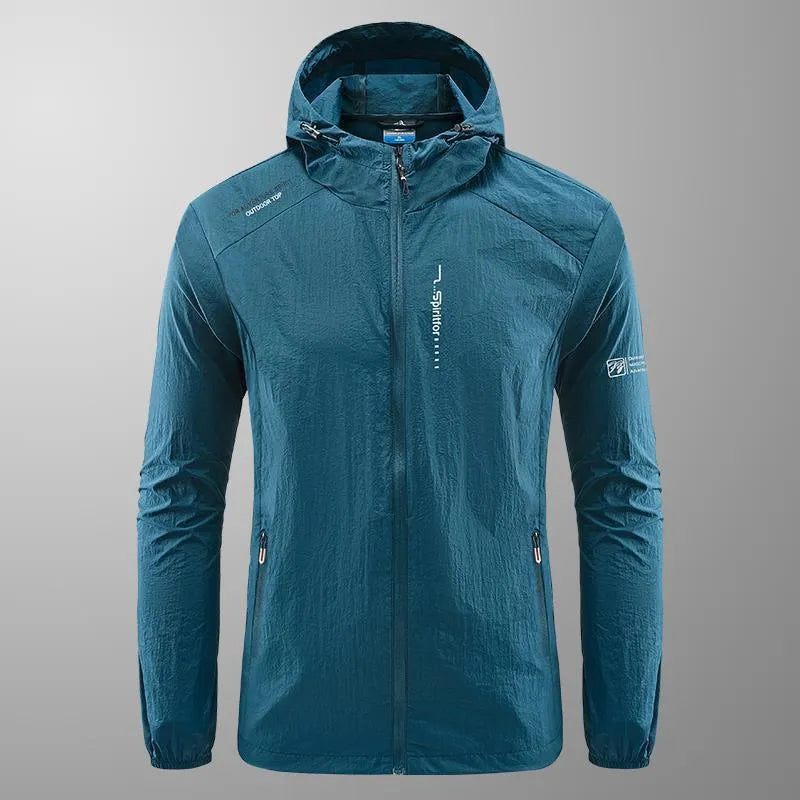 Men's lightweight hooded nylon summer jacket in loose fit, shown in light grey colour.
