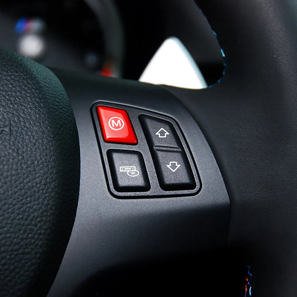 Red and blue BMW steering wheel M1 M2 mode buttons with installation keys for F30 and F34 models