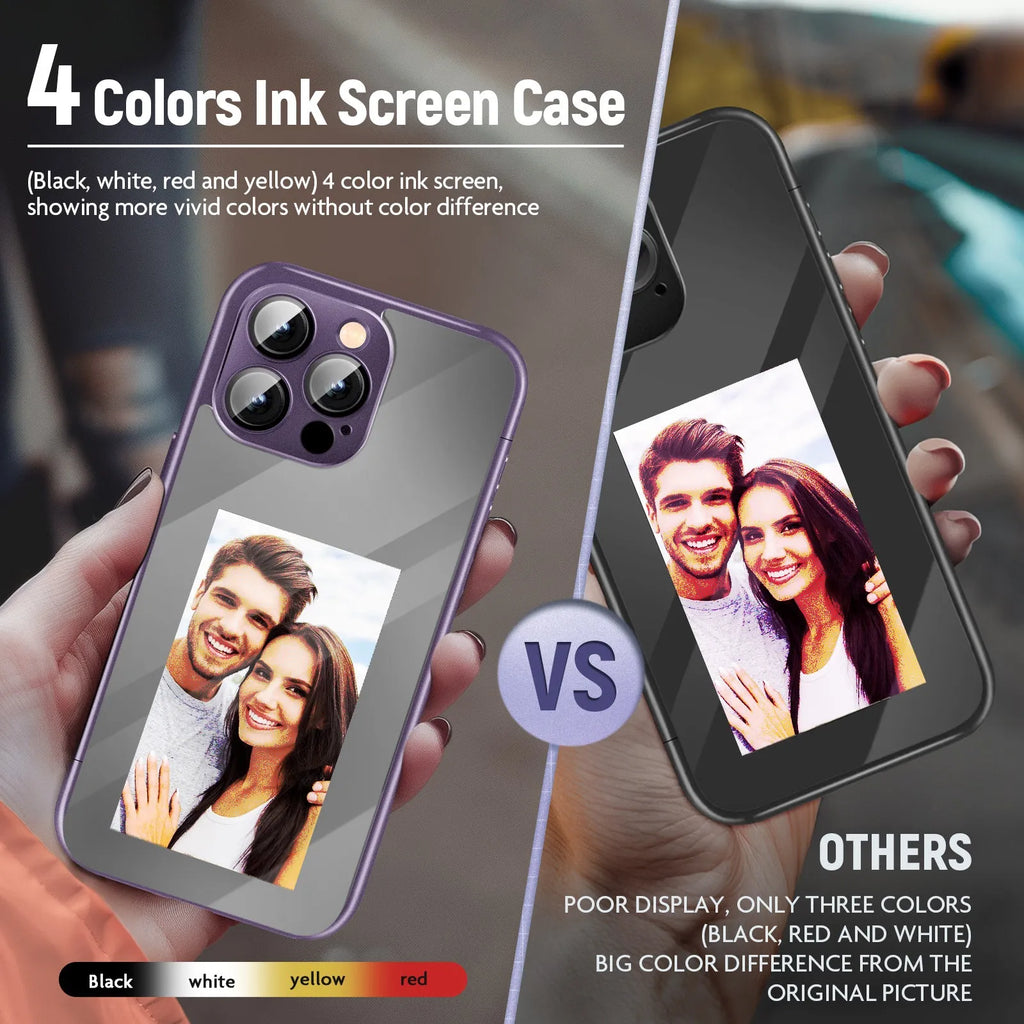 Black and purple iPhone 15 Pro NFC ink screen flip phone case with customisable display