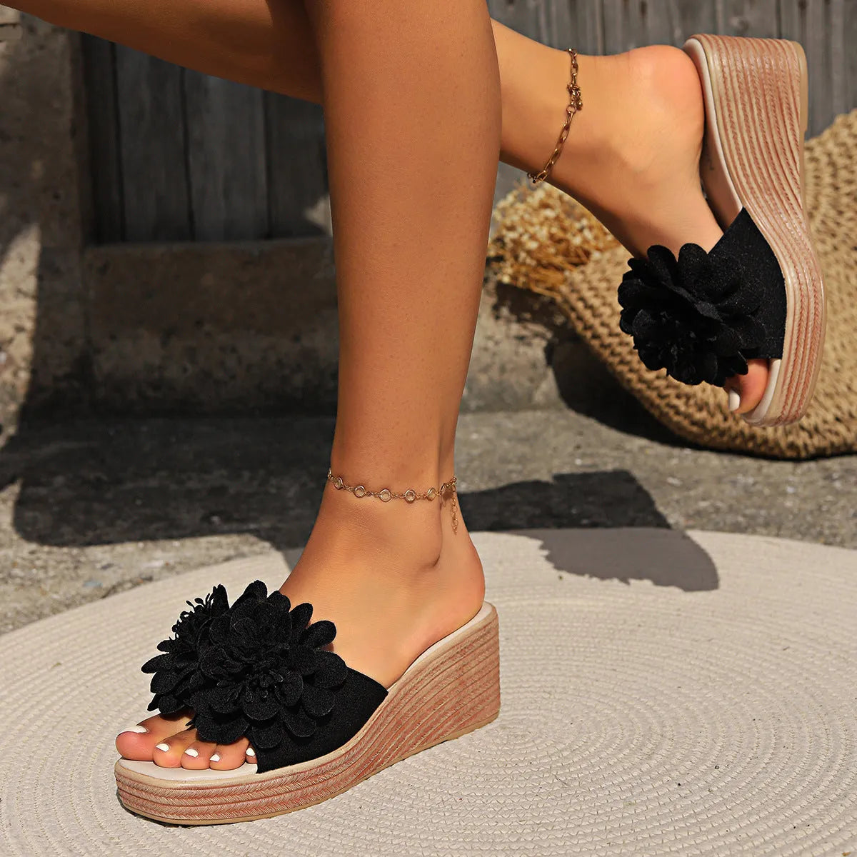 Women's flower design wedge sandals with PU upper, fish mouth toe, and rubber sole in white