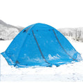 Blue double camping tent with aluminium poles set up outdoors for anti-storm protection