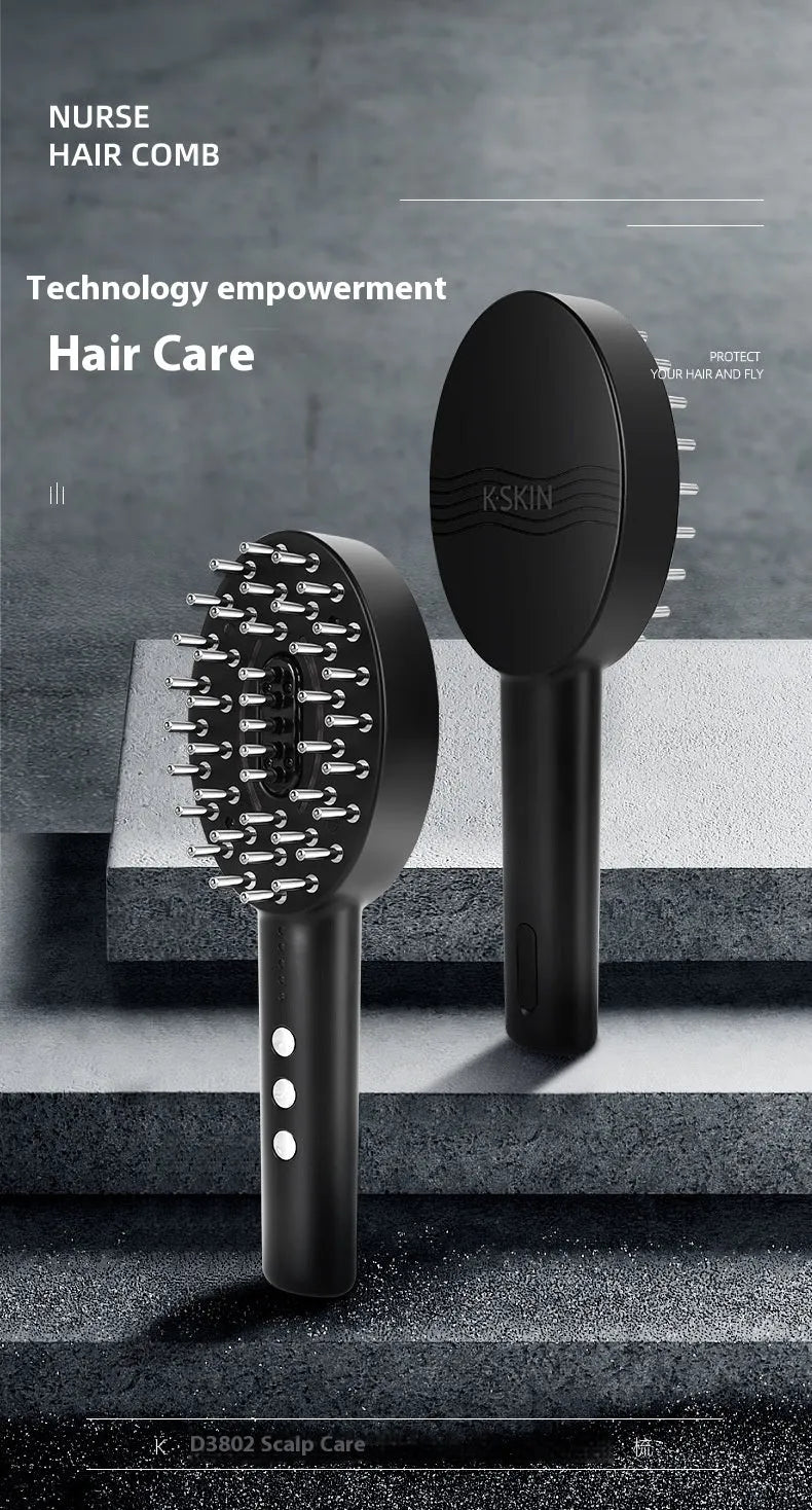 KD3802 Black rechargeable scalp massage device with charging cable on a plain background.