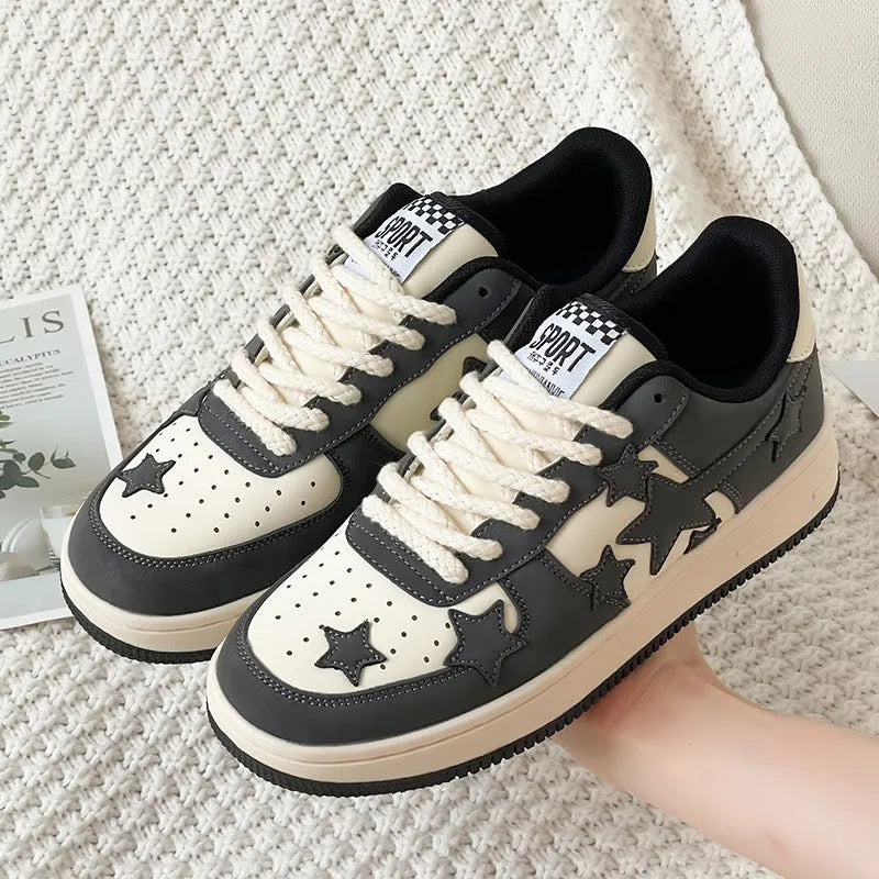 Unisex couple board shoes in beige, low top, breathable mesh lining and PU sole