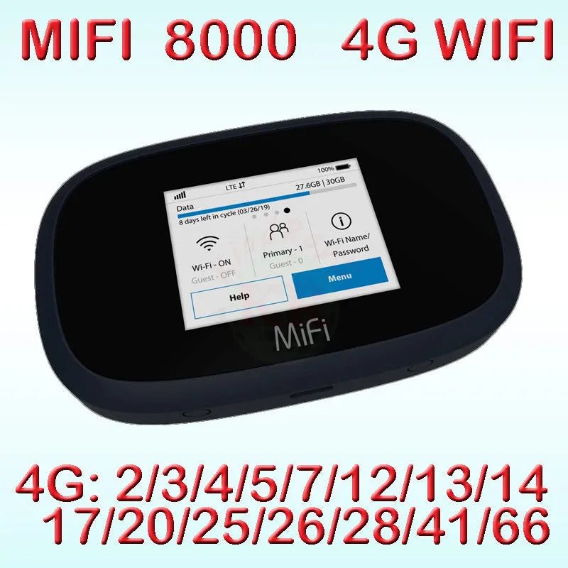 Black Mifi8000 portable 4G wireless router with compact design for mobile internet access.