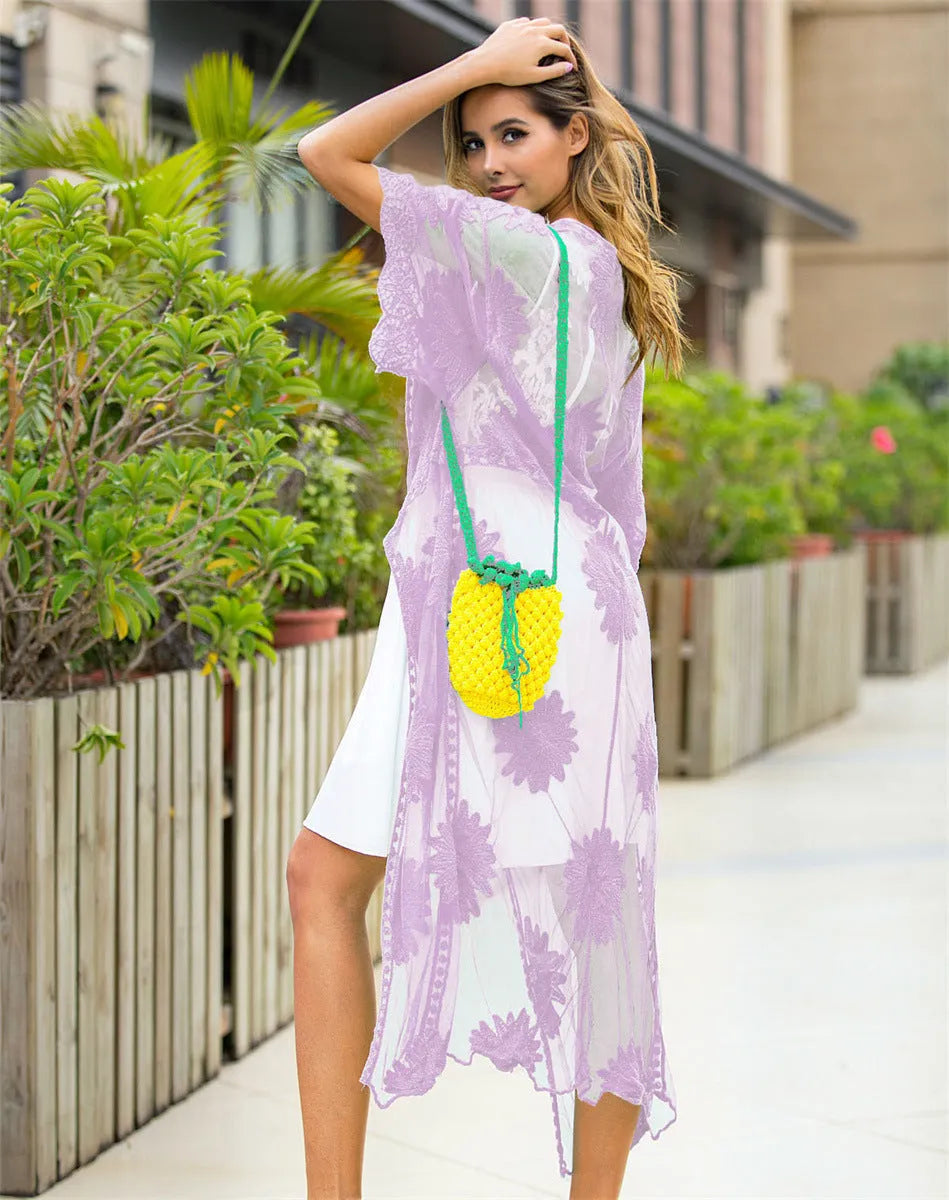 Light purple beach cardigan with lace embroidery, shown as a swimsuit cover-up.