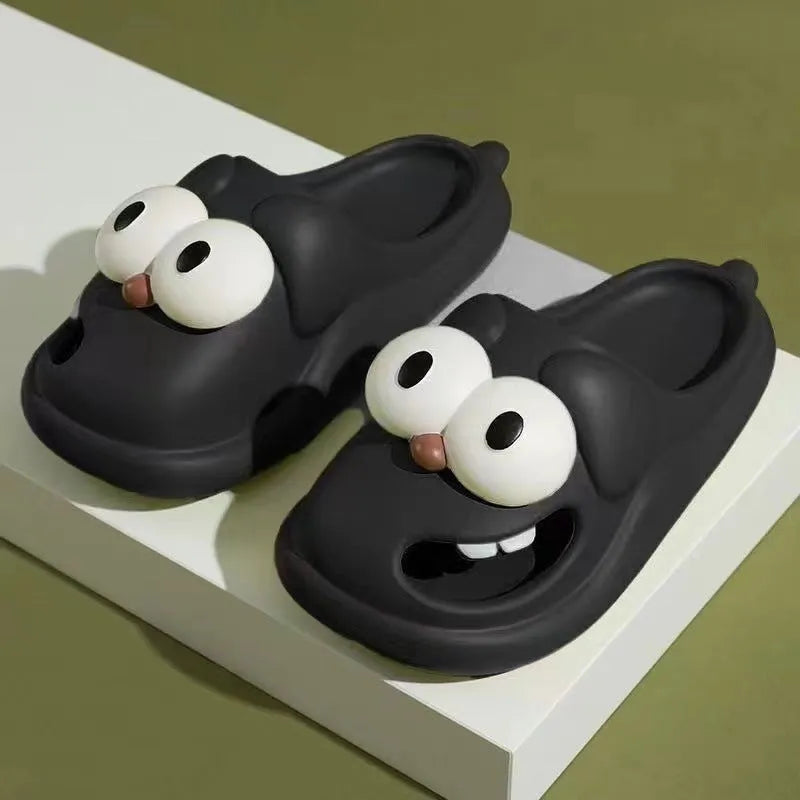 Cartoon big eye dog slippers for women, PVC upper, green colour, fun animal face design