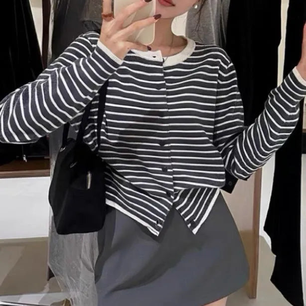 French style striped cardigan coat for women in dark grey with white stripes, viscose spandex fabric