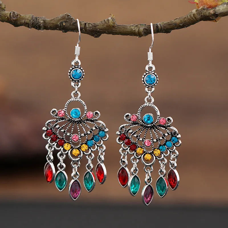 Purple long drop fringe earrings with crystals, ethnic retro style alloy jewellery.