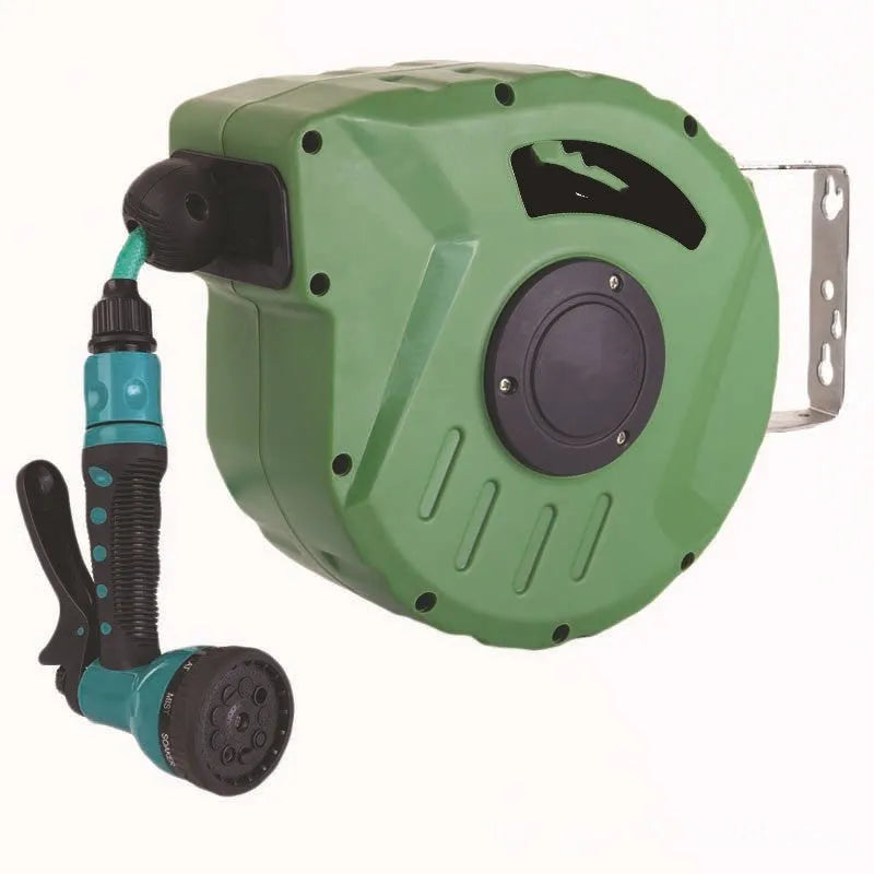 Automatic retractable hose reel with 10 metre PVC water pipe in compact drum housing for car washing and gardening