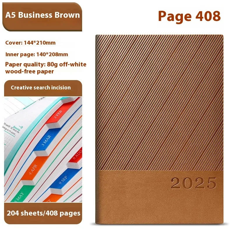 A4 notepad with striped PU leather cover open on 80g paper, showing 408 pages.