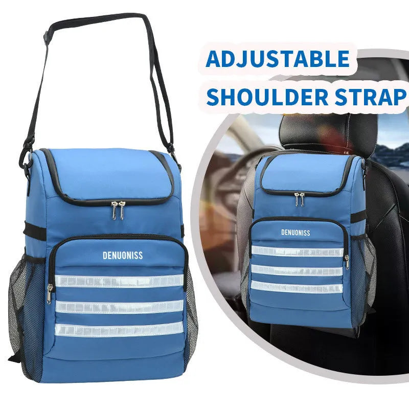 Black modern simplicity cloth backpack with an insulated side pocket for a beer bottle.