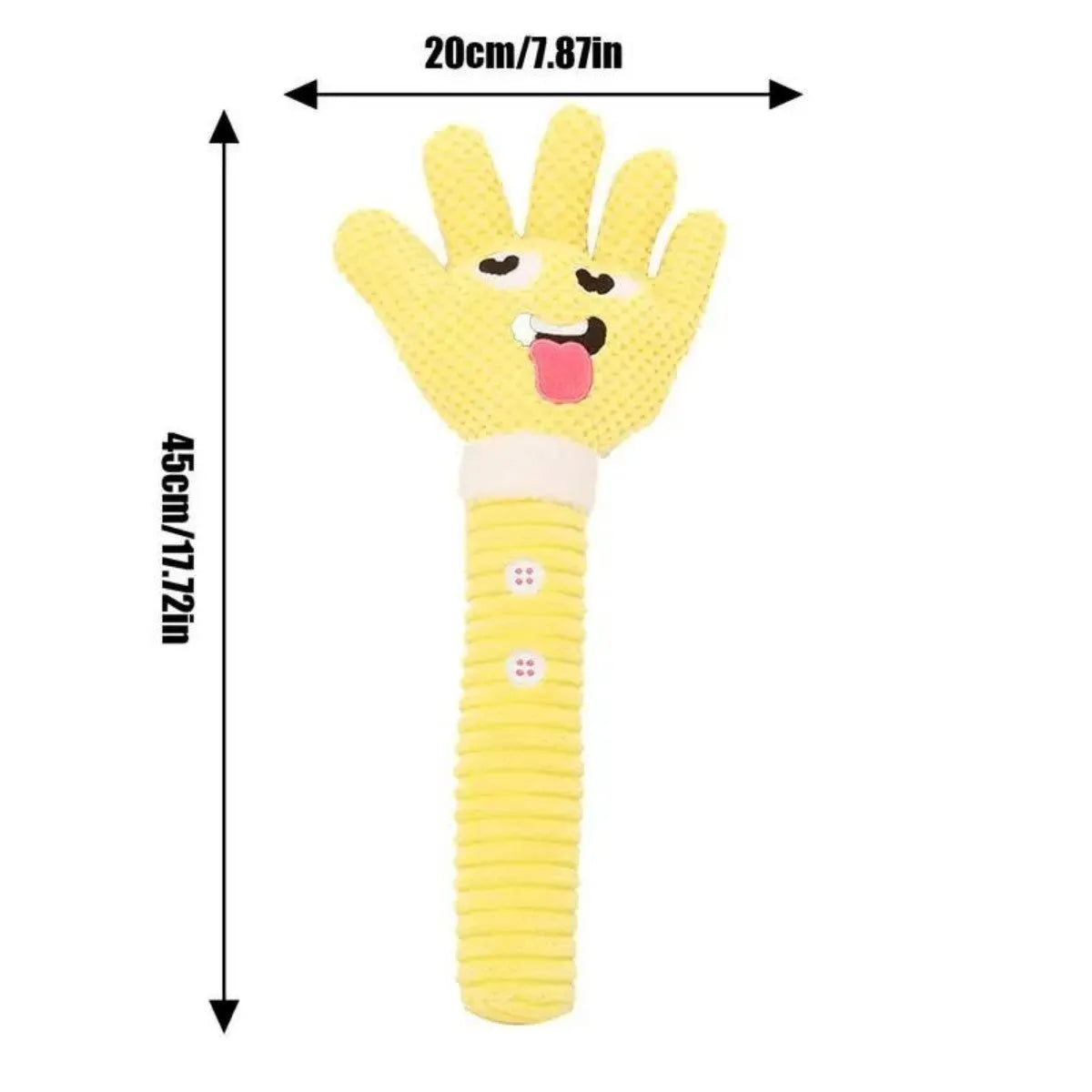 Yellow palm-shaped squeaky plush dog teething toy with bite-resistant fabric for puppy chewing relief