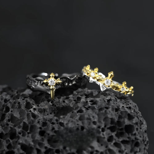 Adjustable opening silver ring with princess knight couple minority design in white gold or black gold colour