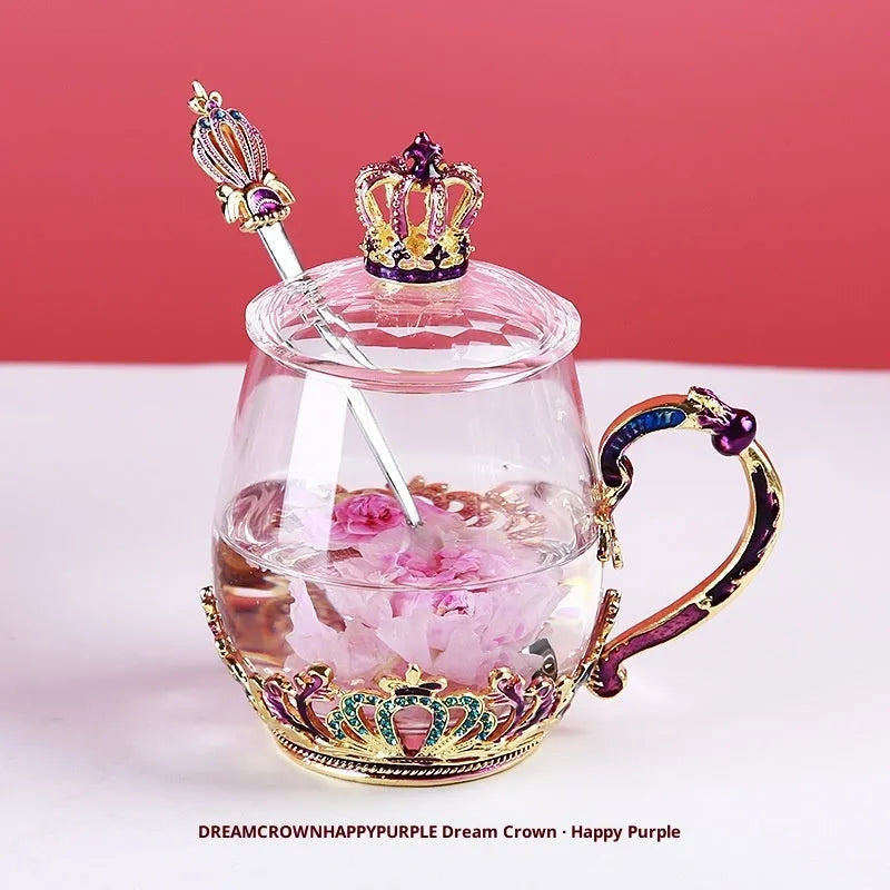 Round heat-resistant glass tea cup with enamel spoon, lid and saucer in 301-400ml capacity