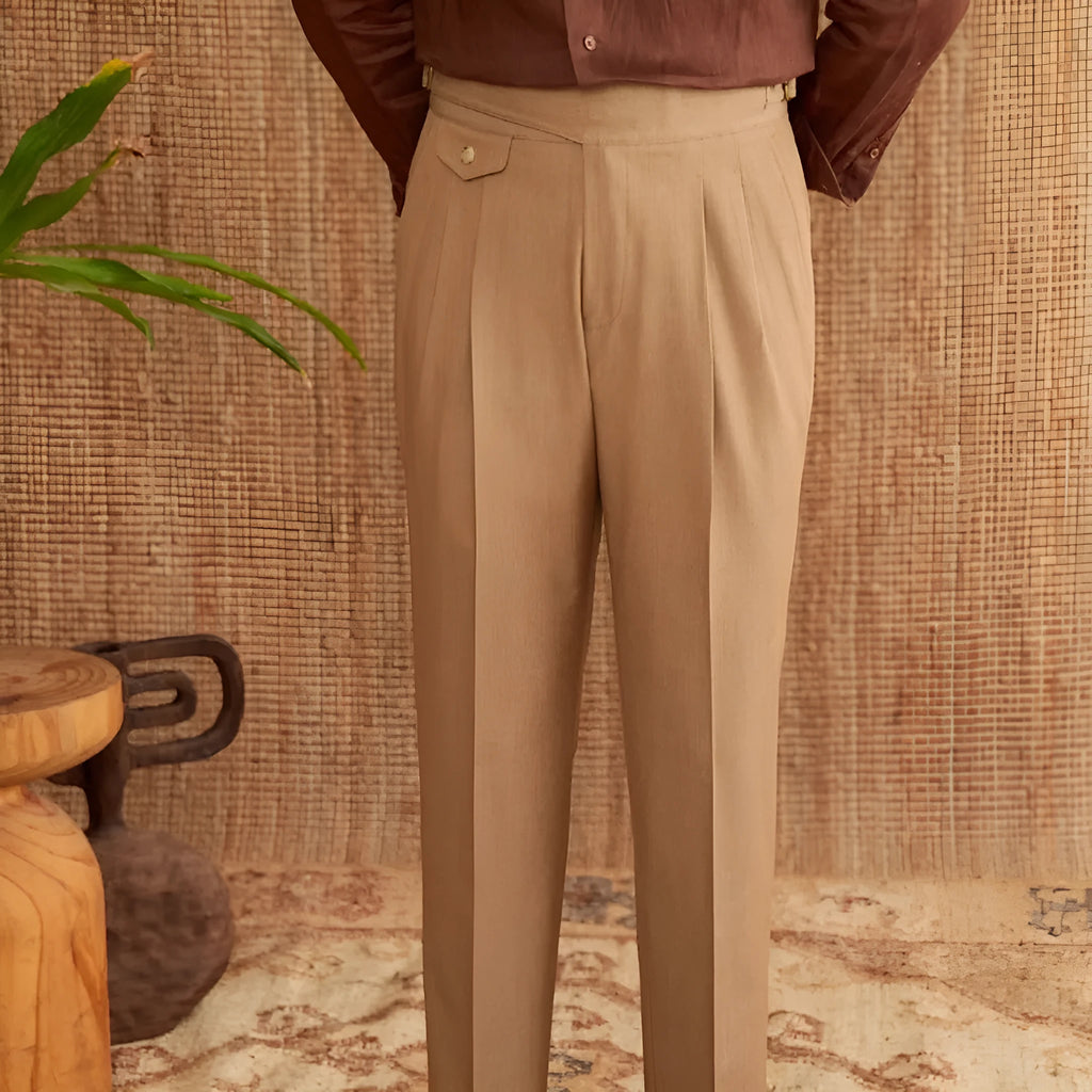 Men's slim fit wrinkle resistant business trousers in dark grey, light brown and light apricot colours