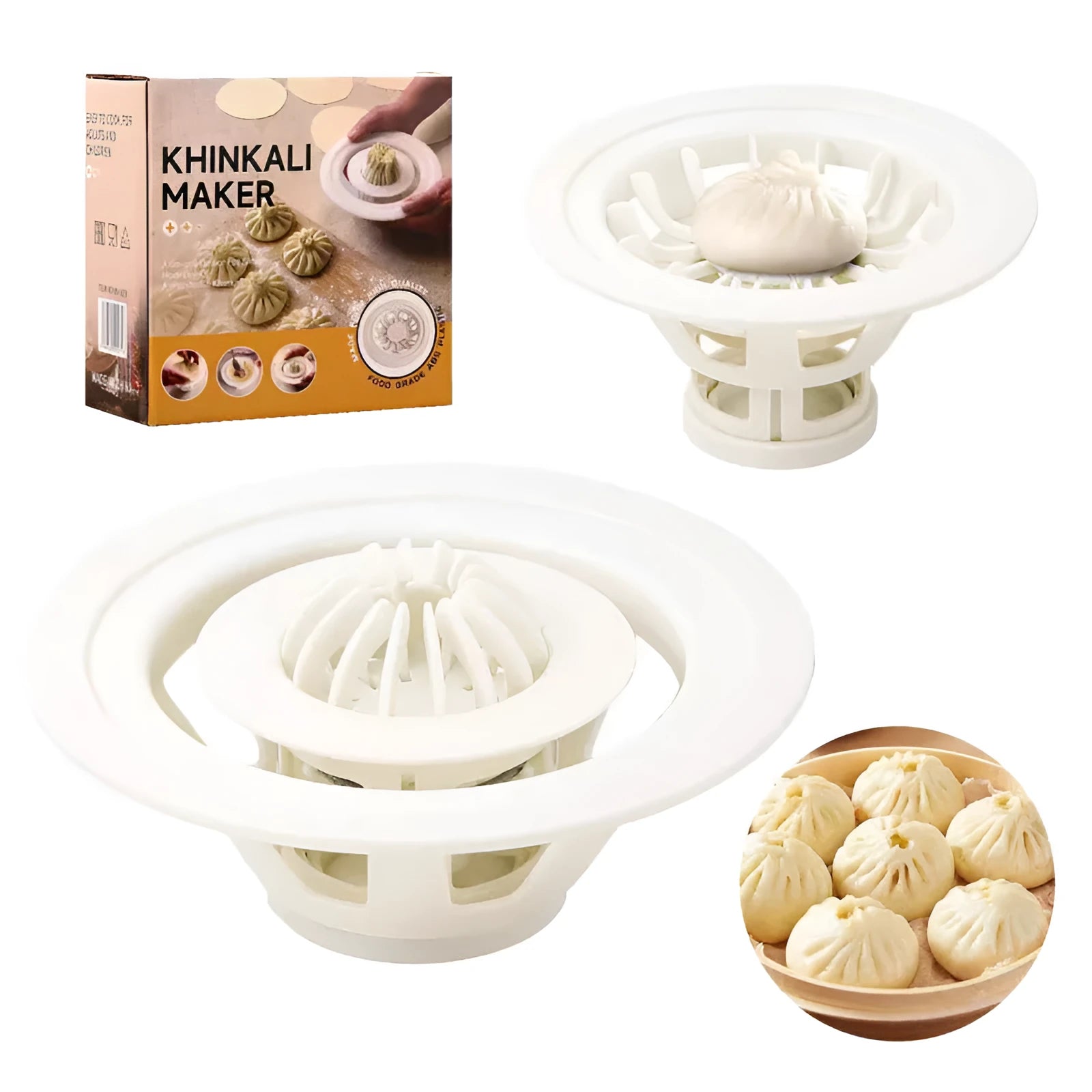 Set of four black plastic steamed bun molds for making dumplings and shaomai
