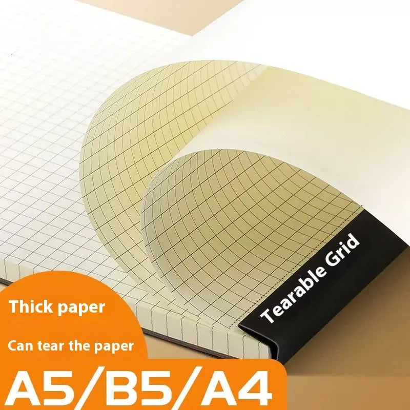A5, B5 and A4 tearable writing pads showing grid, lined and blank page options