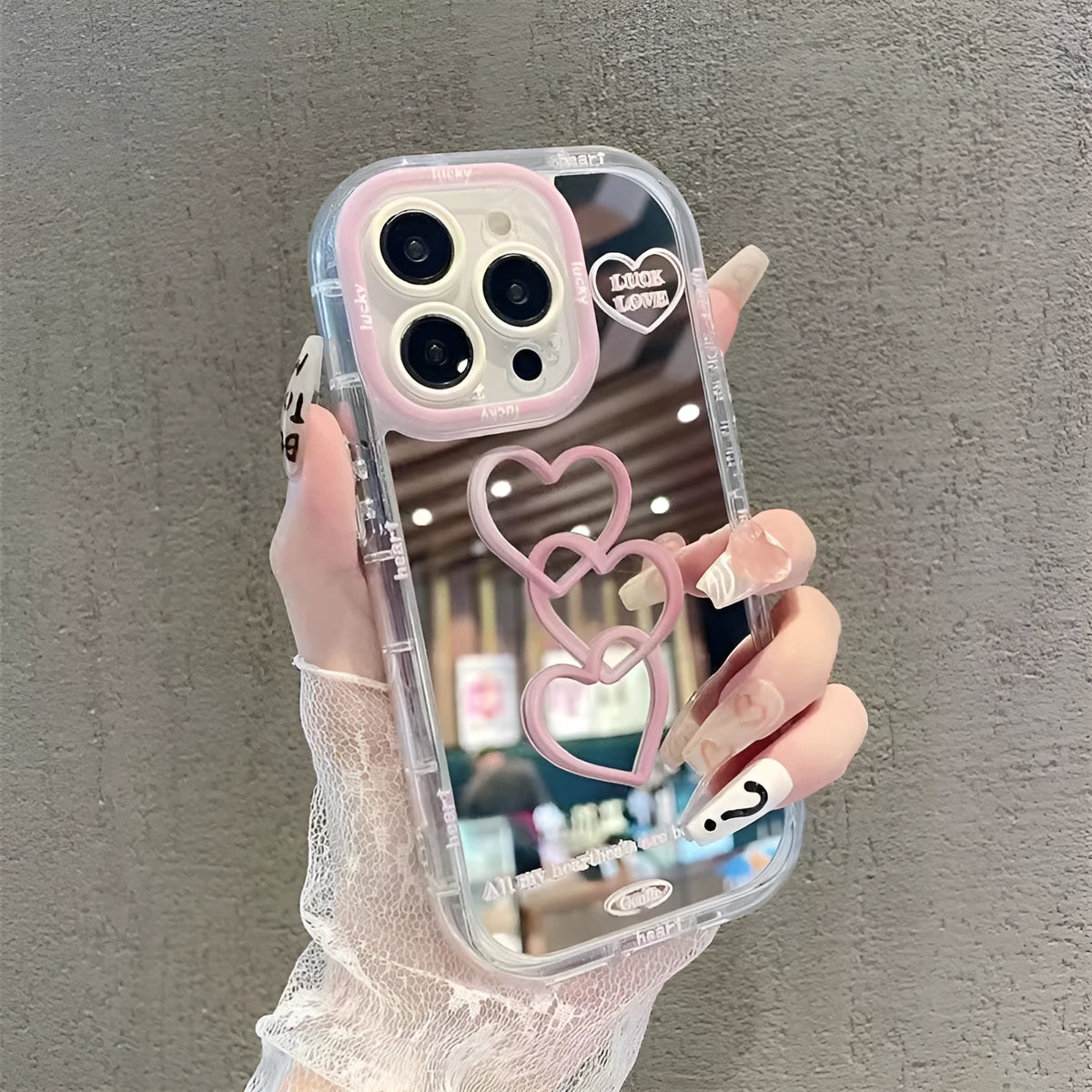 Cream shell transparent mirror phone case compatible with Apple iPhone models 11 to 15 Pro Max, drop-resistant TPU all-inclusive design
