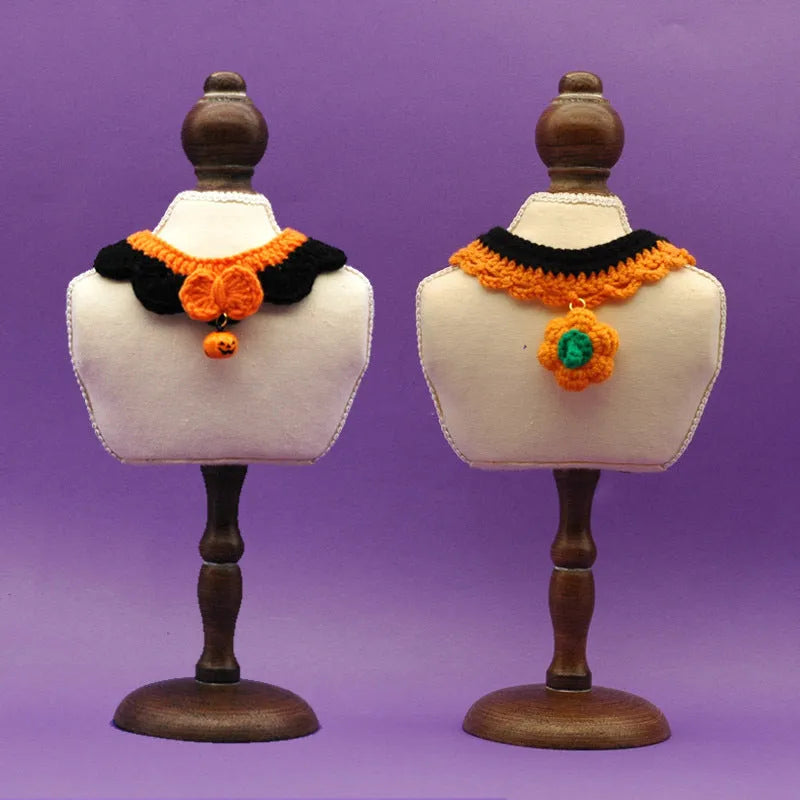 Hand crocheted wool Halloween pet collar for cats and dogs in pumpkin colours with adjustable sizing