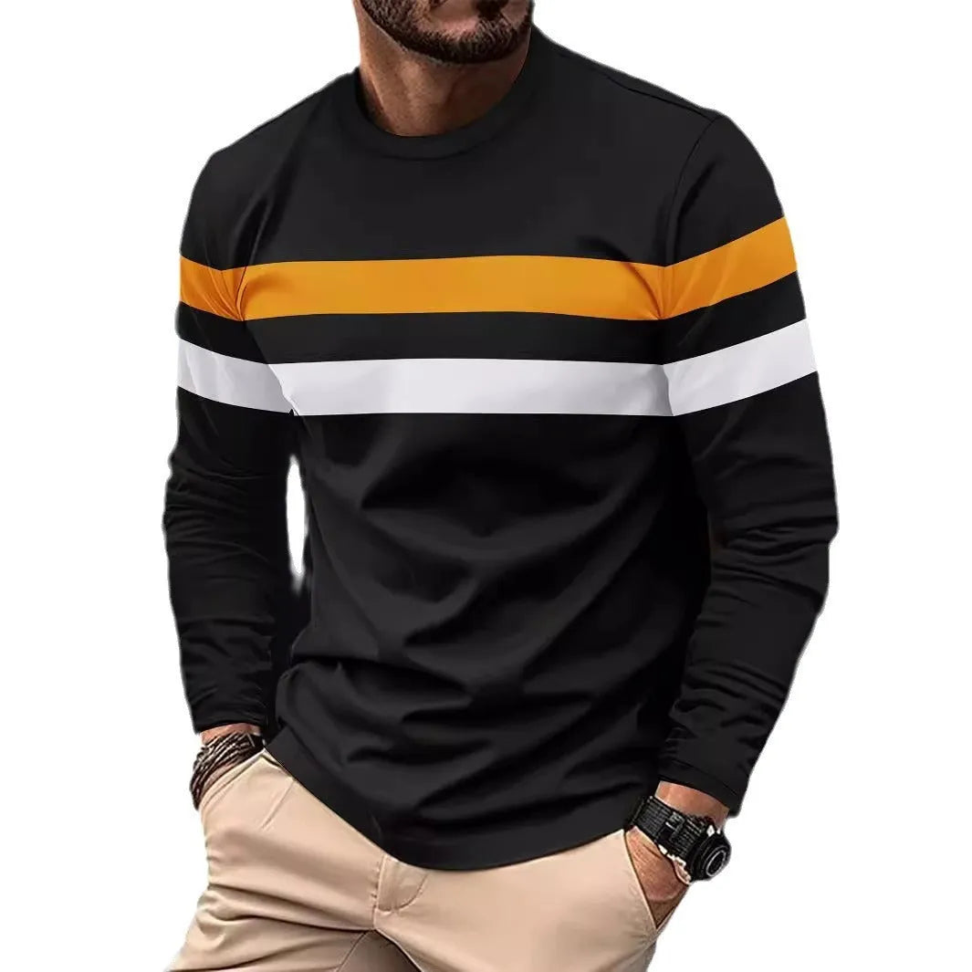 Men's casual round neck long sleeve t-shirt in loose fit, cotton blend fabric, six colour options including black and white