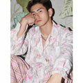 Floral embossed long sleeve shirt in blue with loose fit design