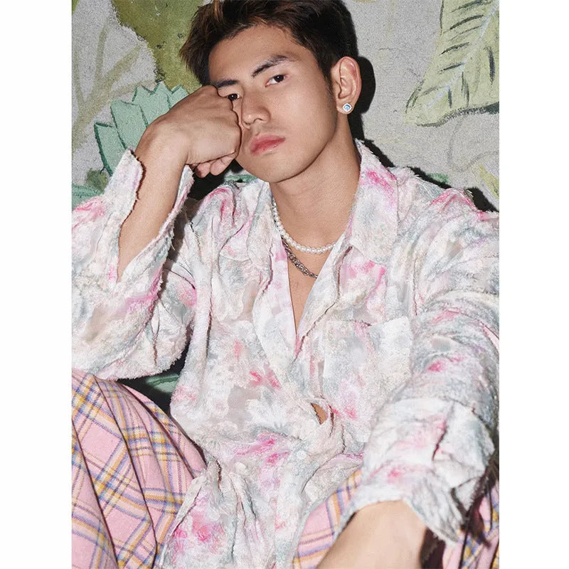 Floral embossed long sleeve shirt in blue with loose fit design