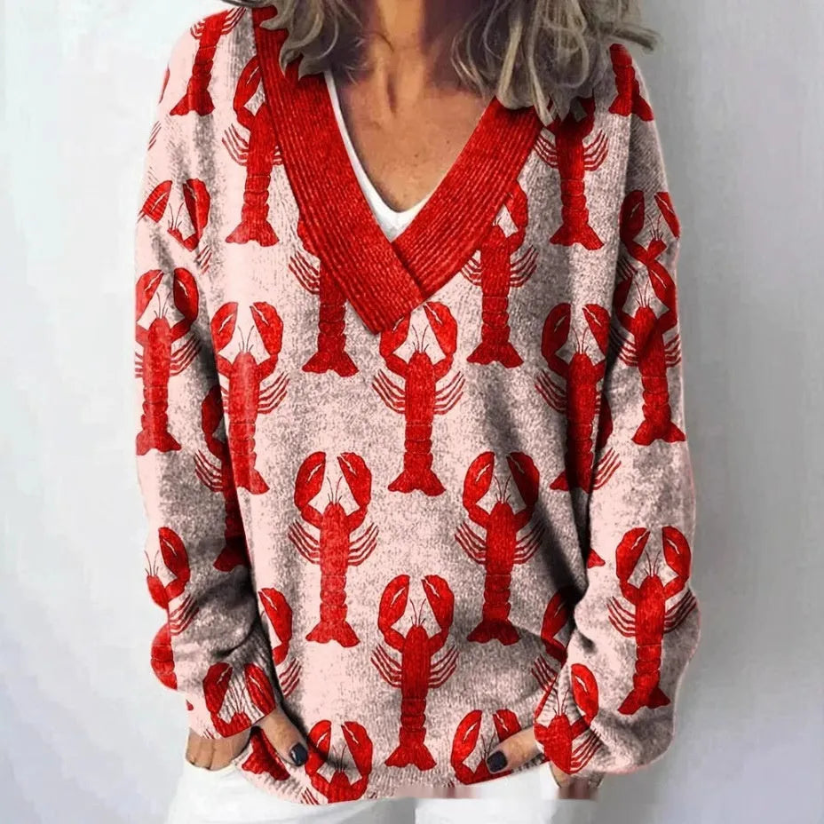 Women's floral printed sweatshirt with 3D pattern and V-neck design in art retro style