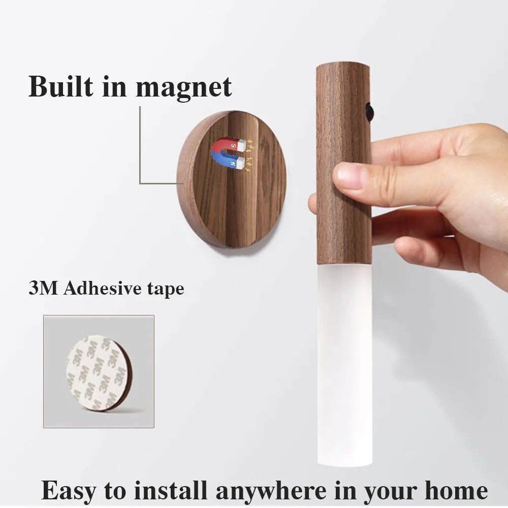 Auto LED USB magnetic wood night light with PIR motion sensor on wall, warm light