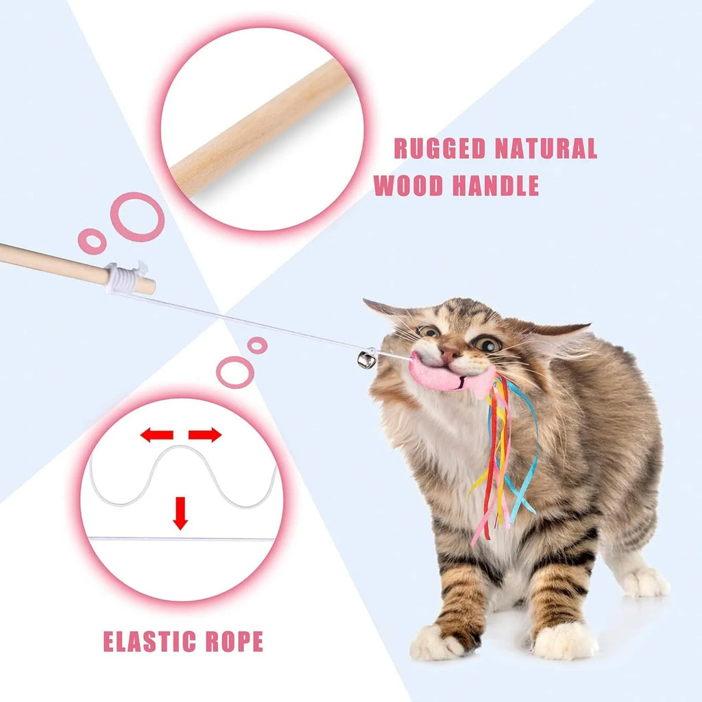 Cat wand toy with wooden handle, colourful ribbons, catnip fish, and bell for interactive play