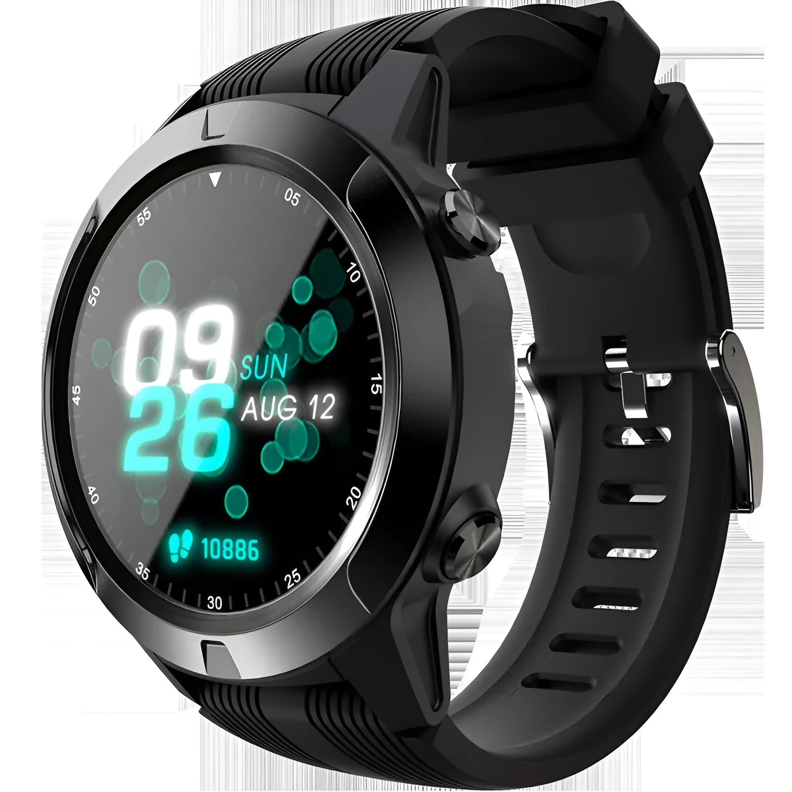 Black men's smart watch with 1.3-inch display showing heart rate data