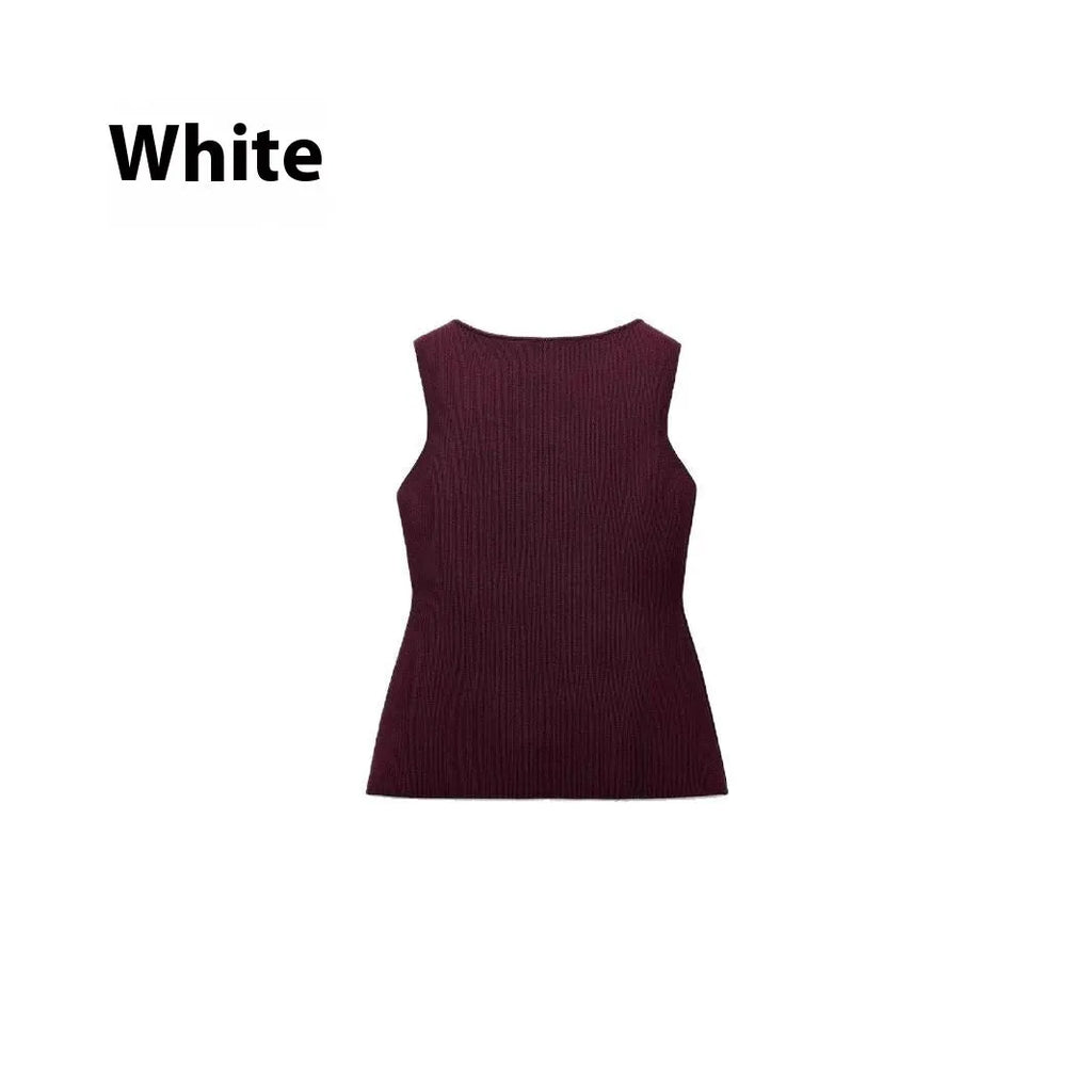 Dark red women's sleeveless sweater vest with gold buttons and 3D pattern detail