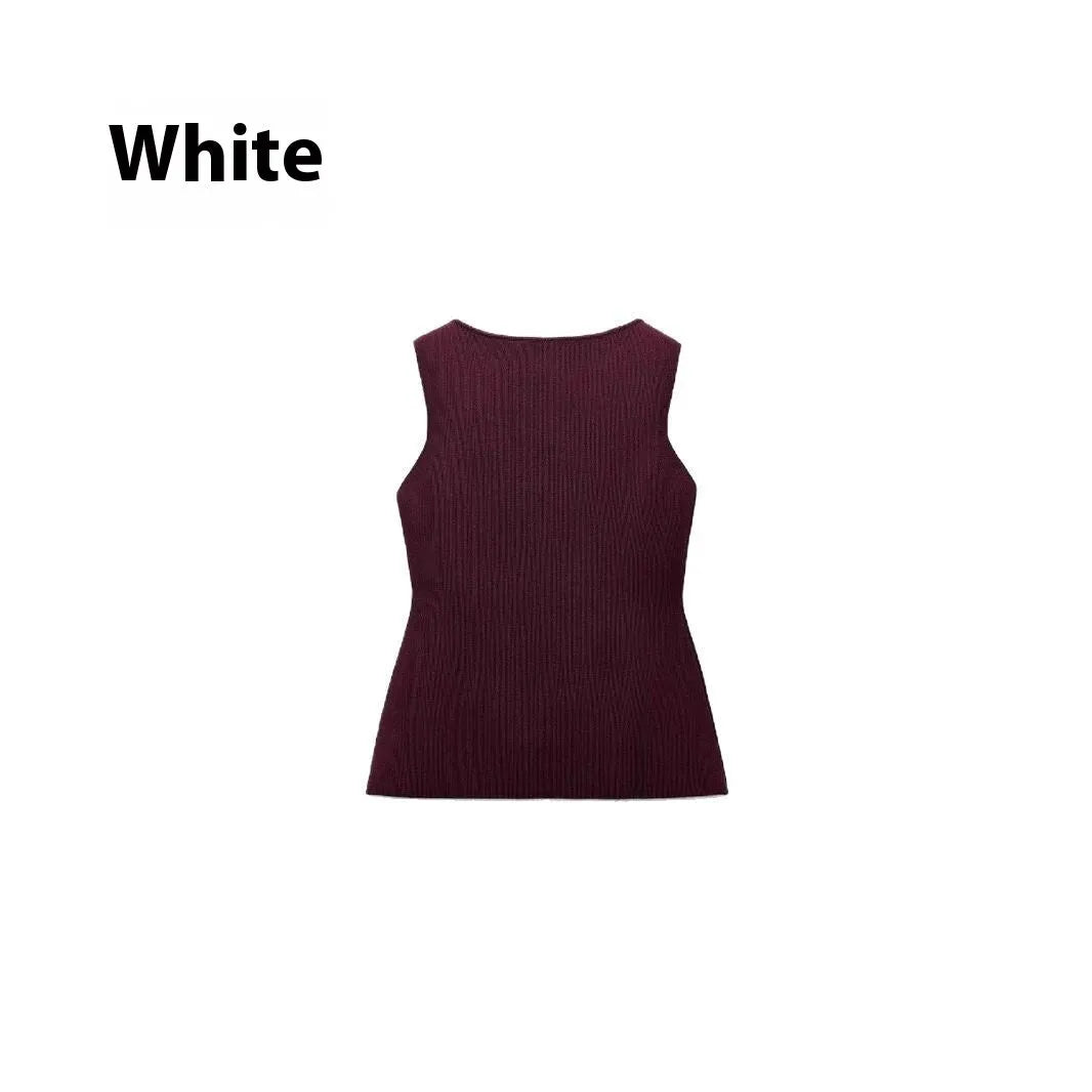 Dark red women's sleeveless sweater vest with gold buttons and 3D pattern detail