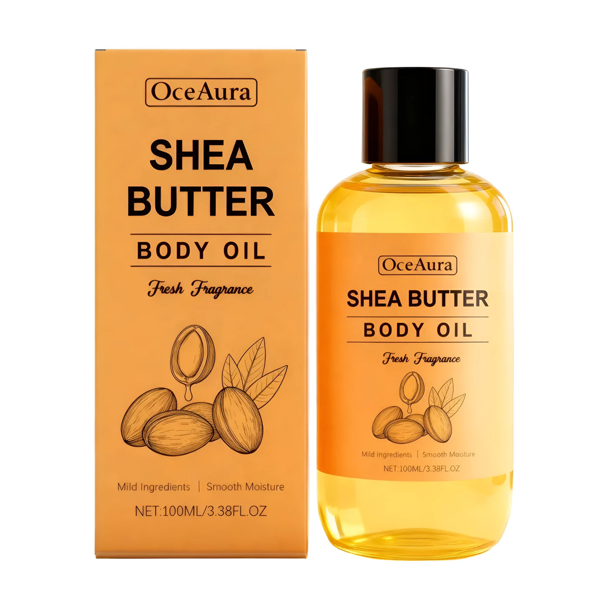 100ml shea butter body oil bottle with almond oil, glycerin and vitamin E for daily dry skin care