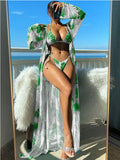 Women's long sleeve swimsuit set with bikini bottoms and cover-up robe in blue colour