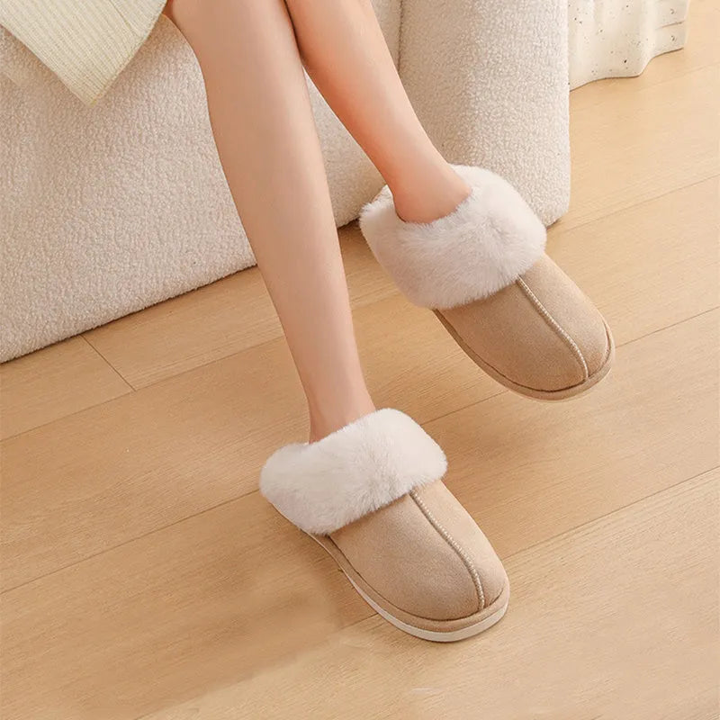 Women's brown plush winter slippers with artificial wool lining and anti-slip PVC sole shown from side view