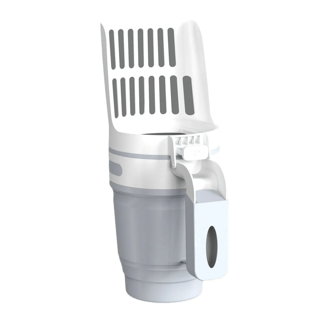 Grey cat litter scoop with attached waste bin and foldable bottom, shown with refill bags.