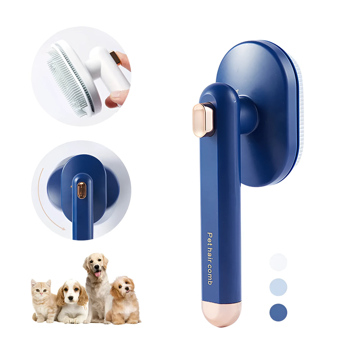 Pet comb for cat and dog to remove floating hair, self-cleaning brush with arc needles, ABS, 21.6cm, dark blue
