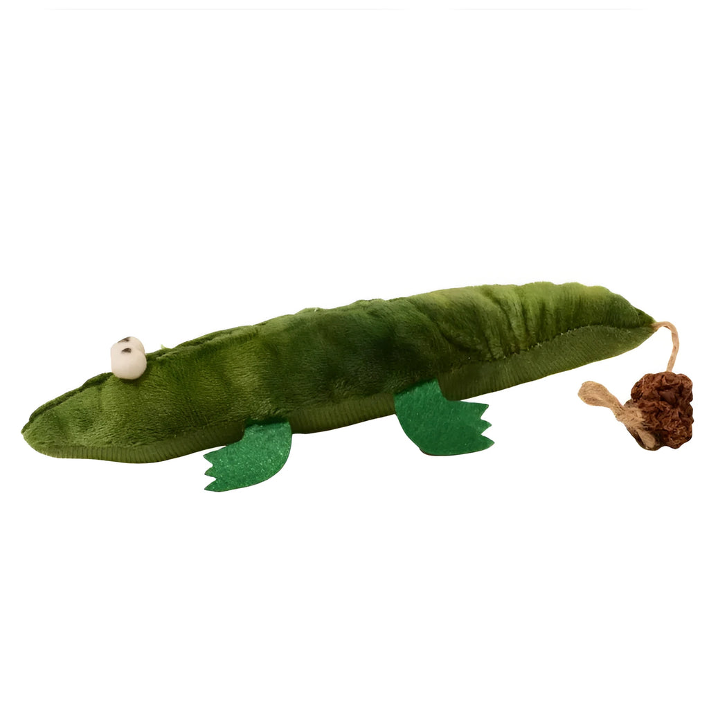 Green plush alligator cat toy with catnip and peppermint scent for oral cleansing and play.