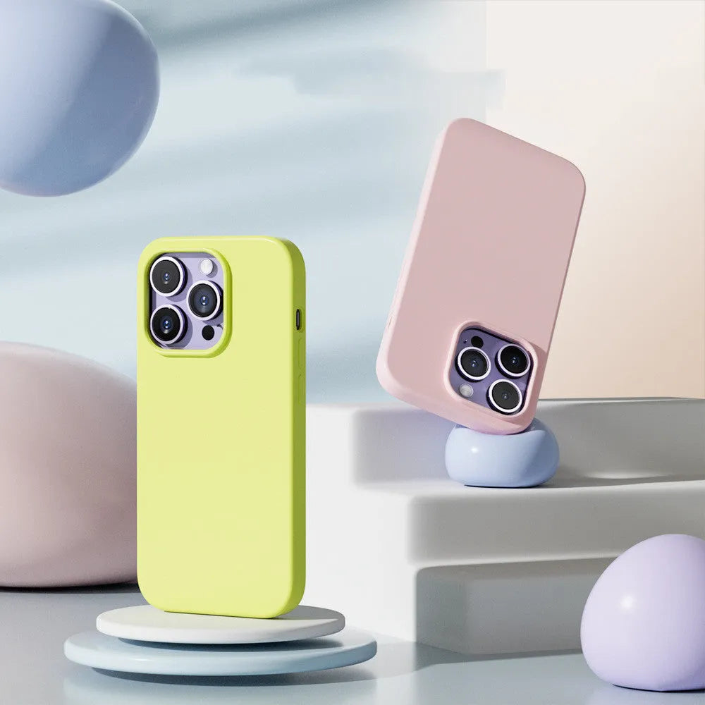 Liquid silicone magnetic phone case for iPhone 14 series in light purple with Magsafe compatibility