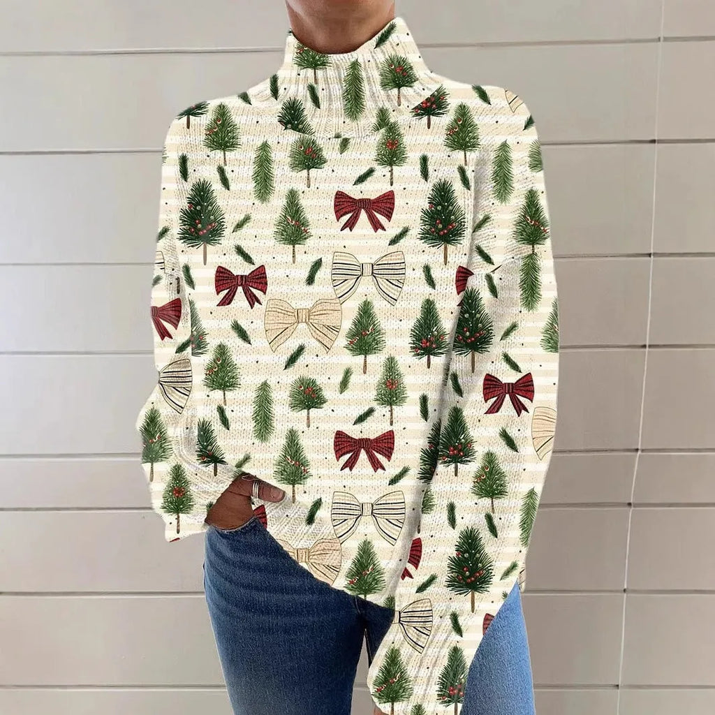 Women's Christmas printed turtleneck sweater in macaron colours with loose fit design