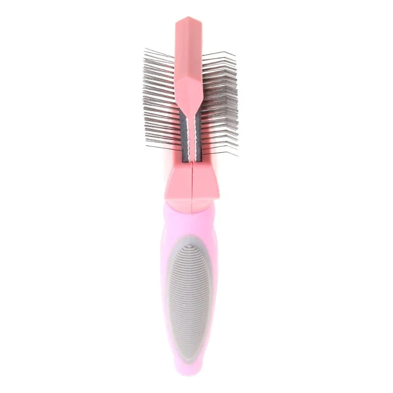 Double-sided pet grooming brush with stainless steel pins and flexible rubber backing in blue colour