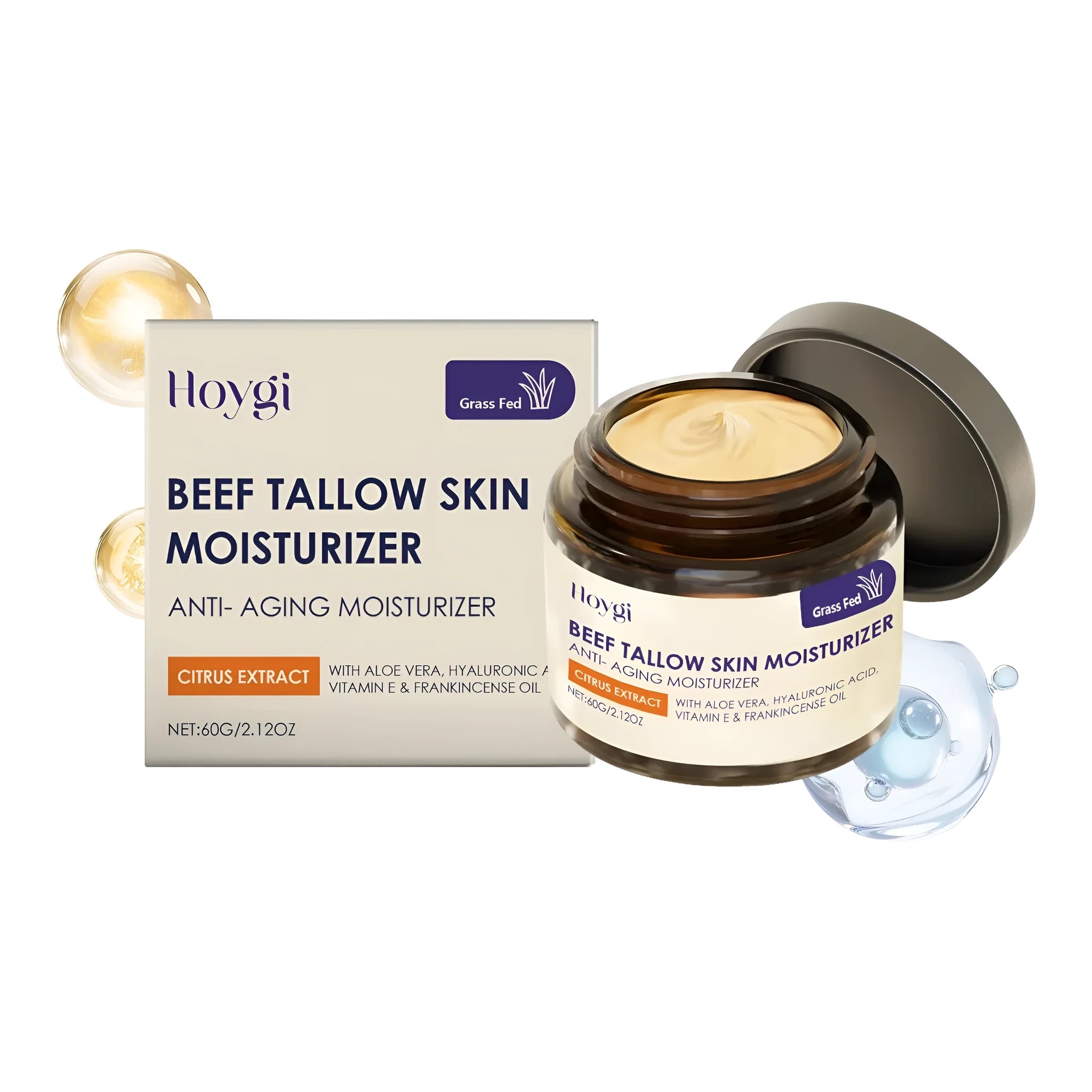 60g jar of Cow Fat Anti-aging Moisturizing Cream with tallow, retinol, and hyaluronic acid
