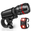 Bicycle front headlight and rear taillight set with mounting bracket on a handlebar