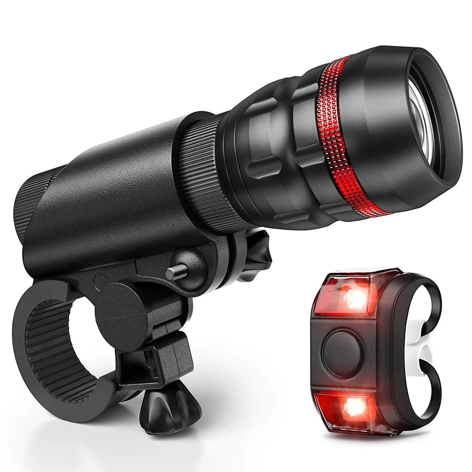 Bicycle front headlight and rear taillight set with mounting bracket on a handlebar