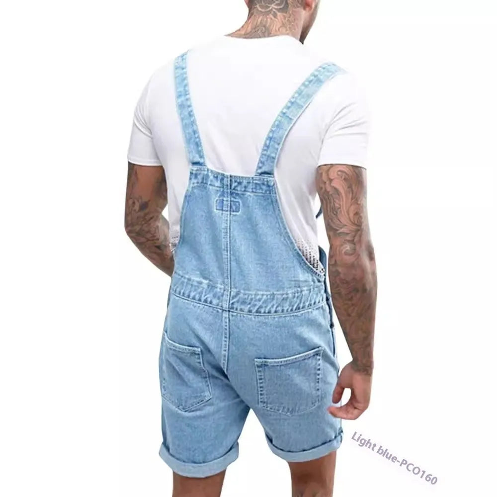 Youth denim suspender pants with elastic waist and shorts length in three colour options