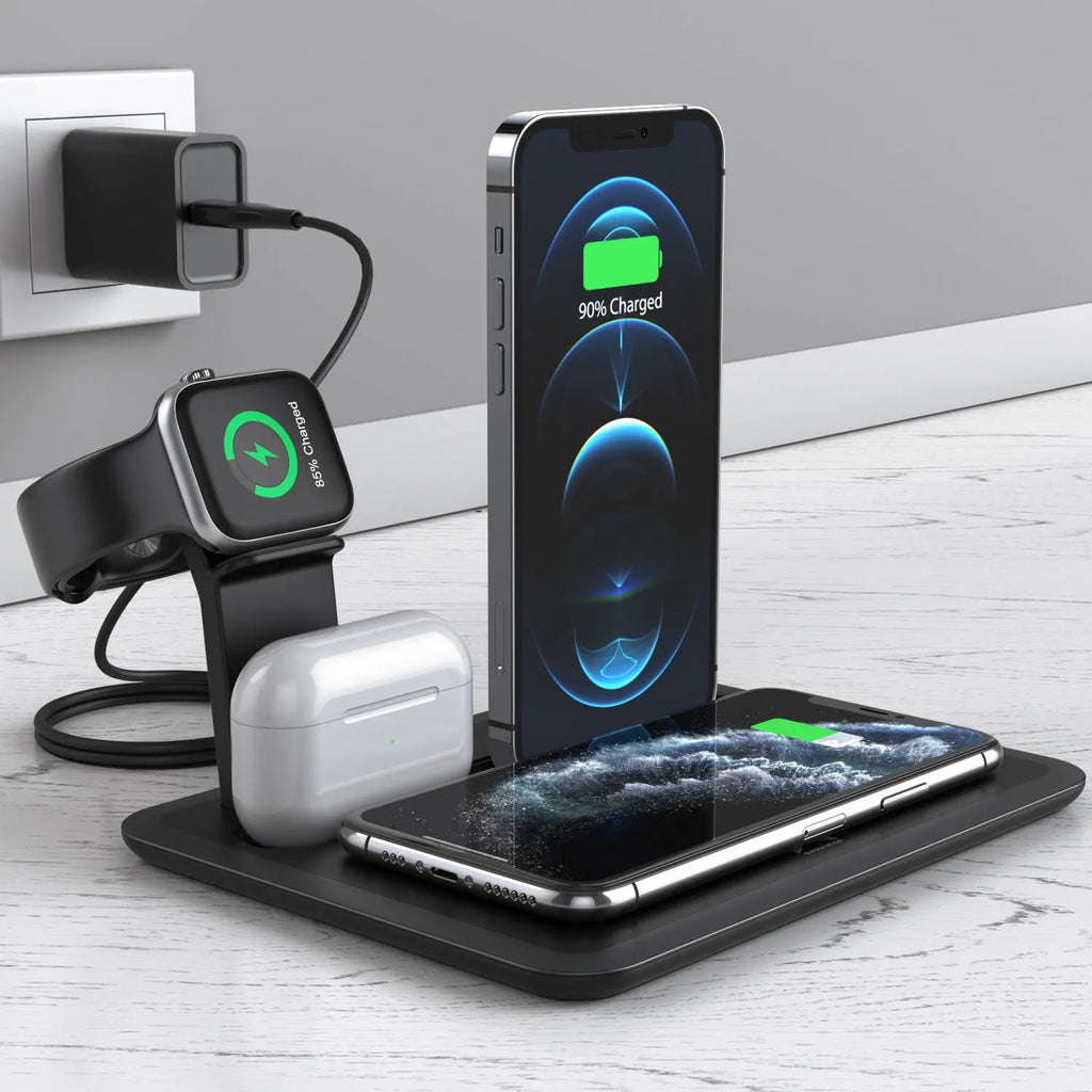 Black wireless charging station for phone, watch and headphones on desk