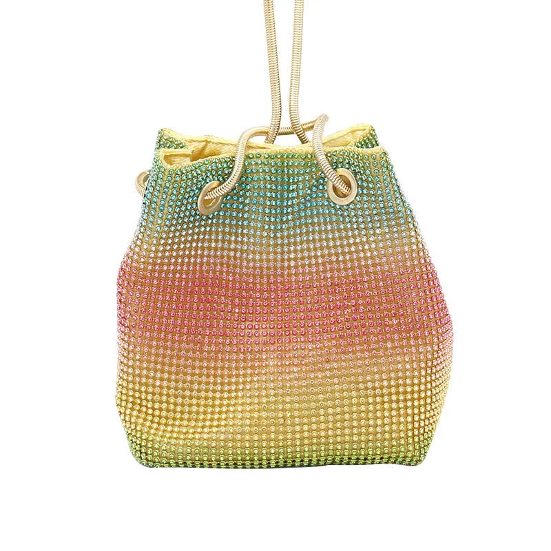 Rhinestone bucket bag with diamond studded design and rainbow chain strap